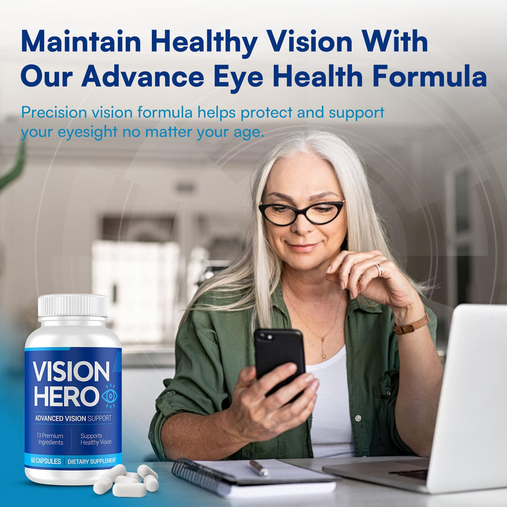 Vision Hero Advanced capsules closeup featuring zeaxanthin and key nutrients for eye health.
