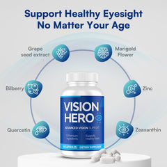 Vision Hero Advanced label and packaging signaling GMP-certified daily supplement.