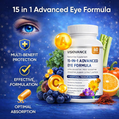 VISIOVANCE 15-in-1 bottle label emphasizes antioxidant blend for daily wellness