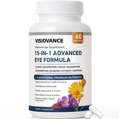 Visiovance 15-in-1 formula bottle for eye health support.
