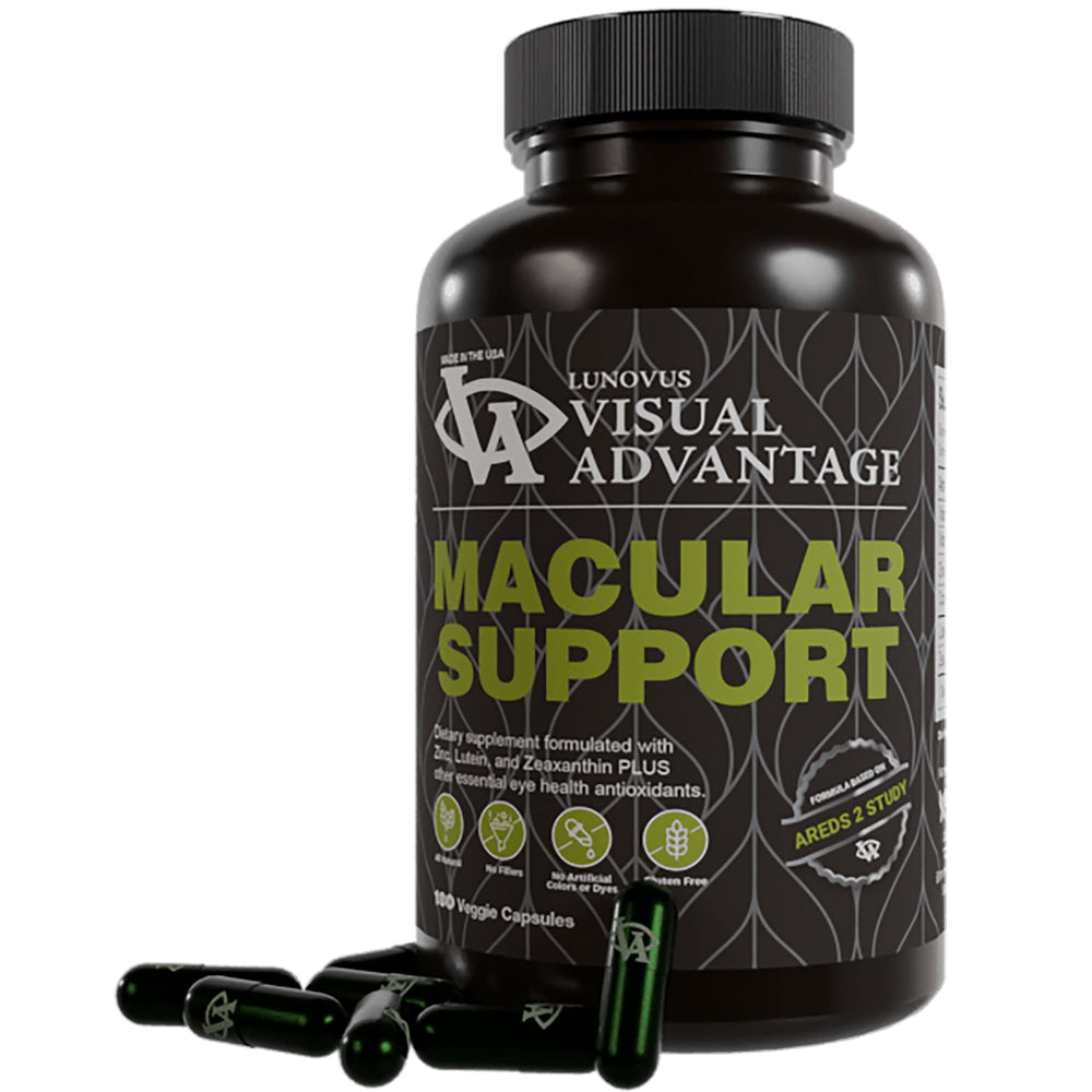 Visual Advantage Macular Support bottle with AREDS2-based formulation and 180-count supply.