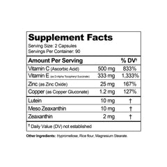 Visual Advantage Macular Support Meso-Z box packaging reveals 180-count bottle