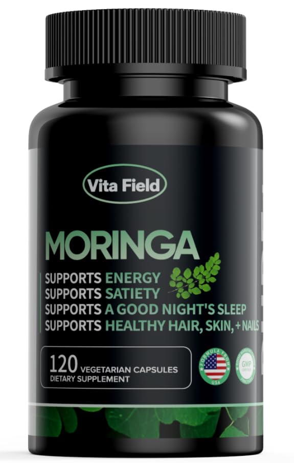 Vita Field Moringa capsules glass bottle closeup with glow