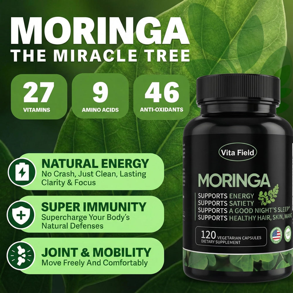 Vita Field Moringa capsules label closeup shows purity and potency