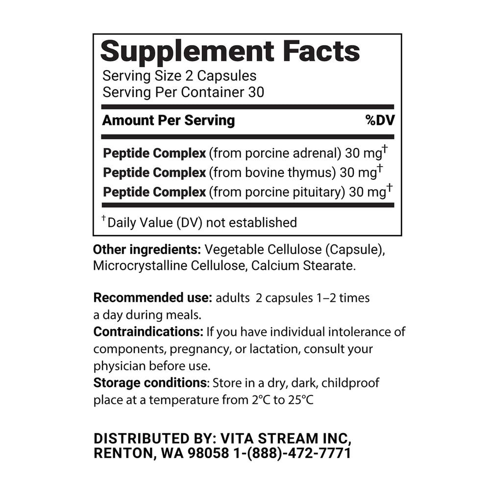 Vita Peptides Defender packaging display conveying premium product from pituitary, thymus, and adrenal peptide blend