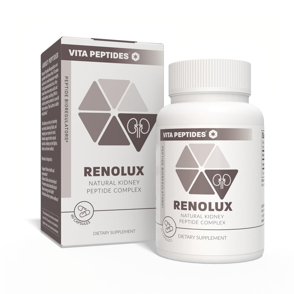 Vita Peptides Renolux bottle close-up highlighting kidney support and detox potential