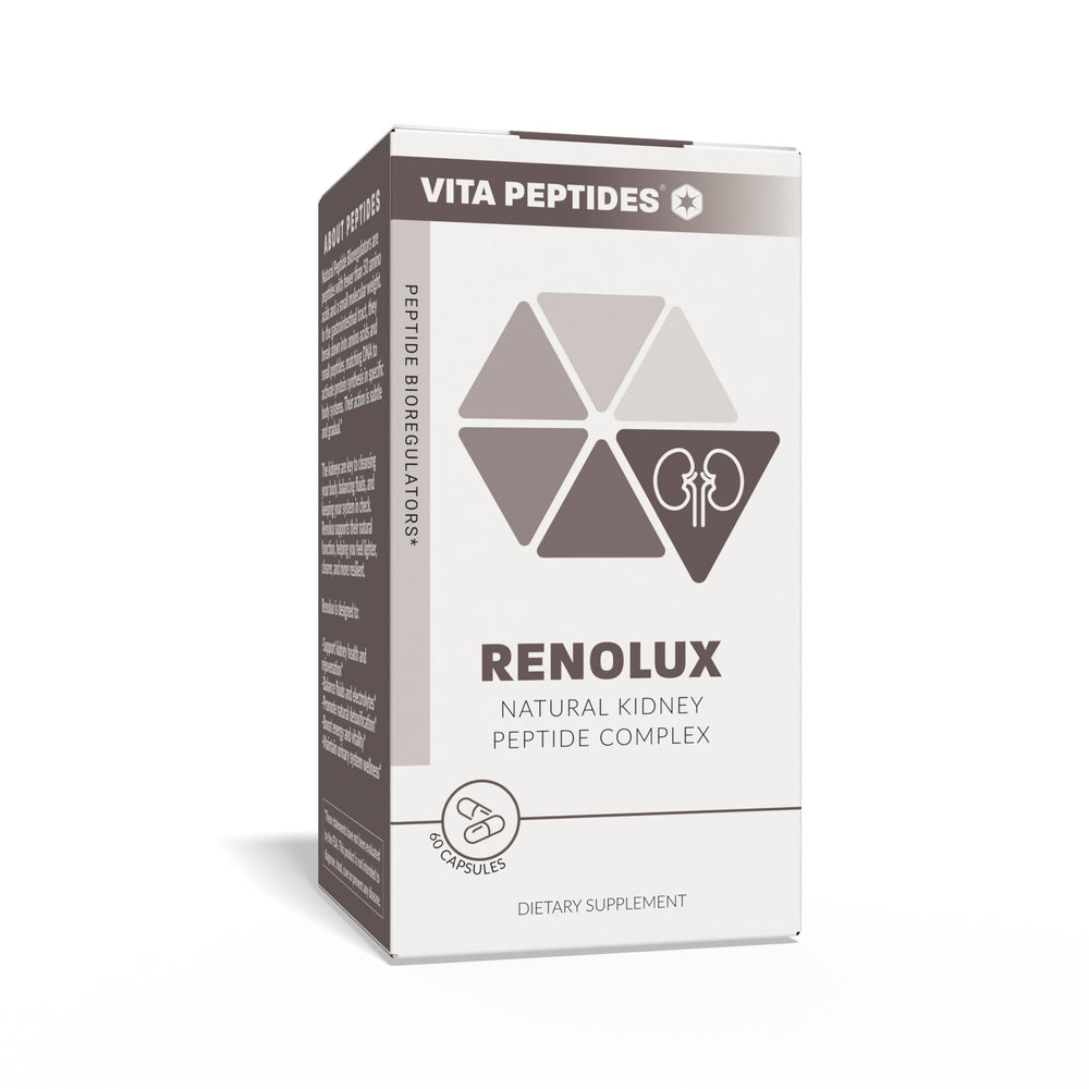 Vita Peptides Renolux capsules close-up showing natural bioregulators for energy balance