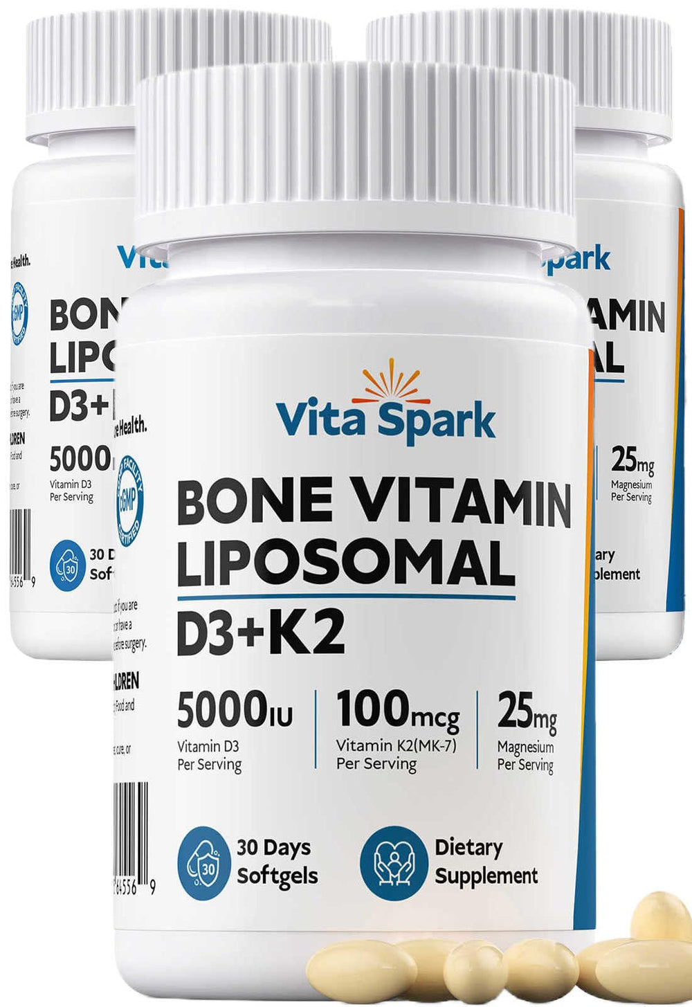 Vita Spark D3 K2 liposomal bottle front for daily bone support.