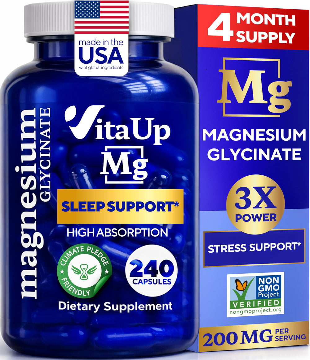 VitaUp magnesium glycinate bottle front shows high-absorption formula for restful nights