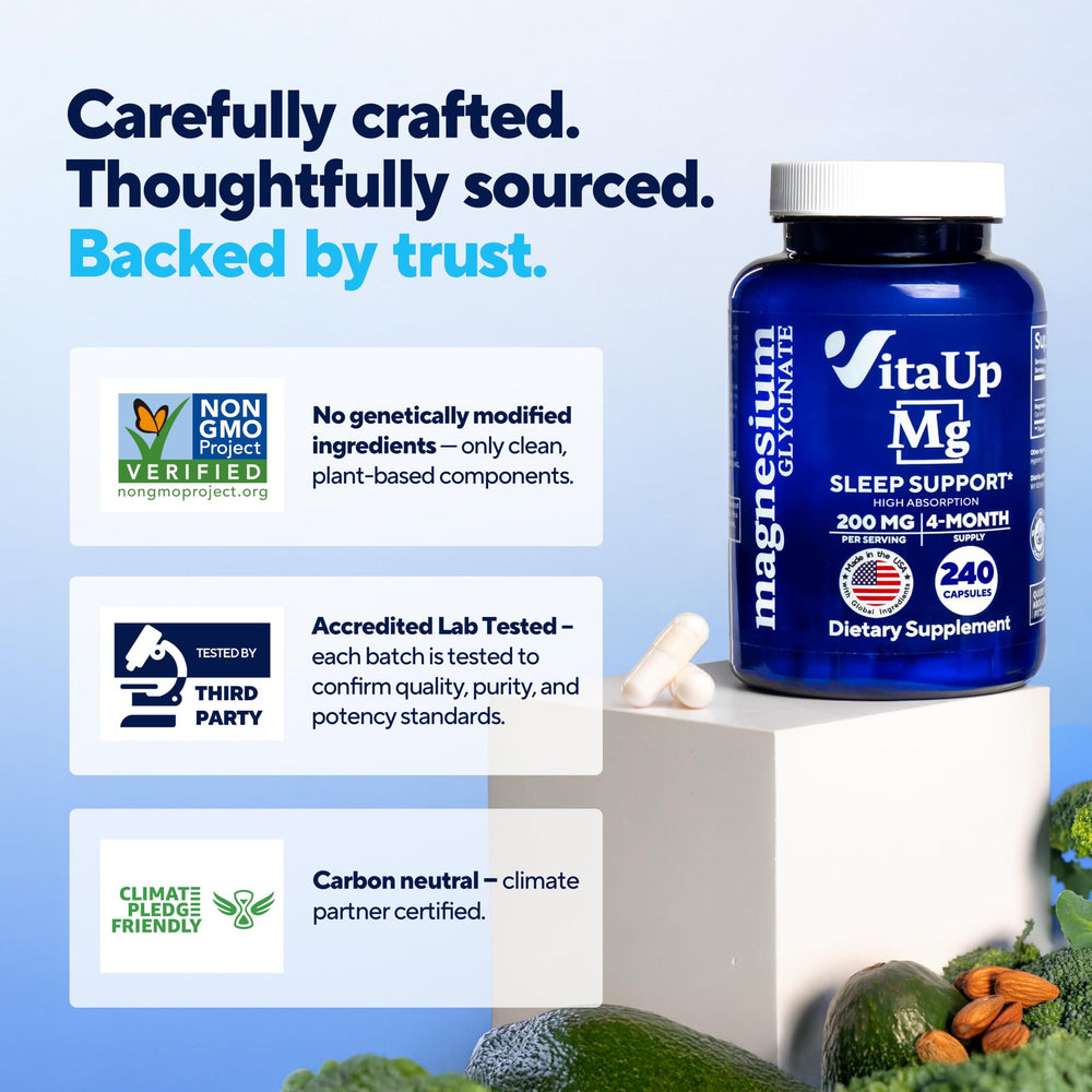 VitaUp bottle on nightstand complements nightly routine for calm evenings