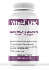 Vita4Life calcium malate + D3 bottle shows a high-potency bone health formula