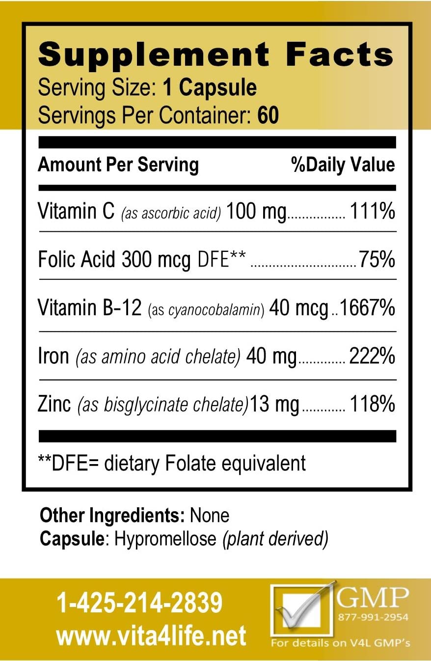 Capsule closeup shows easy-to-swallow form of Vita4Life Iron Support Plus