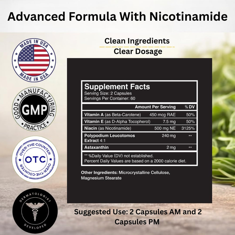 VitaArmor SunArmor Advanced label close-up highlighting Nicotinamide and Polypodium Leucotomos.