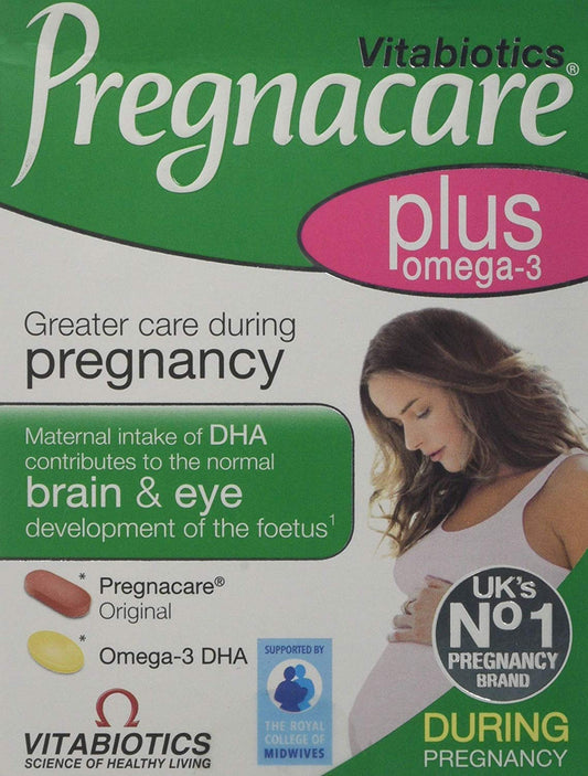 Vitabiotics Pregnacare Plus Omega 3 pack visual for pregnancy nutrition support.