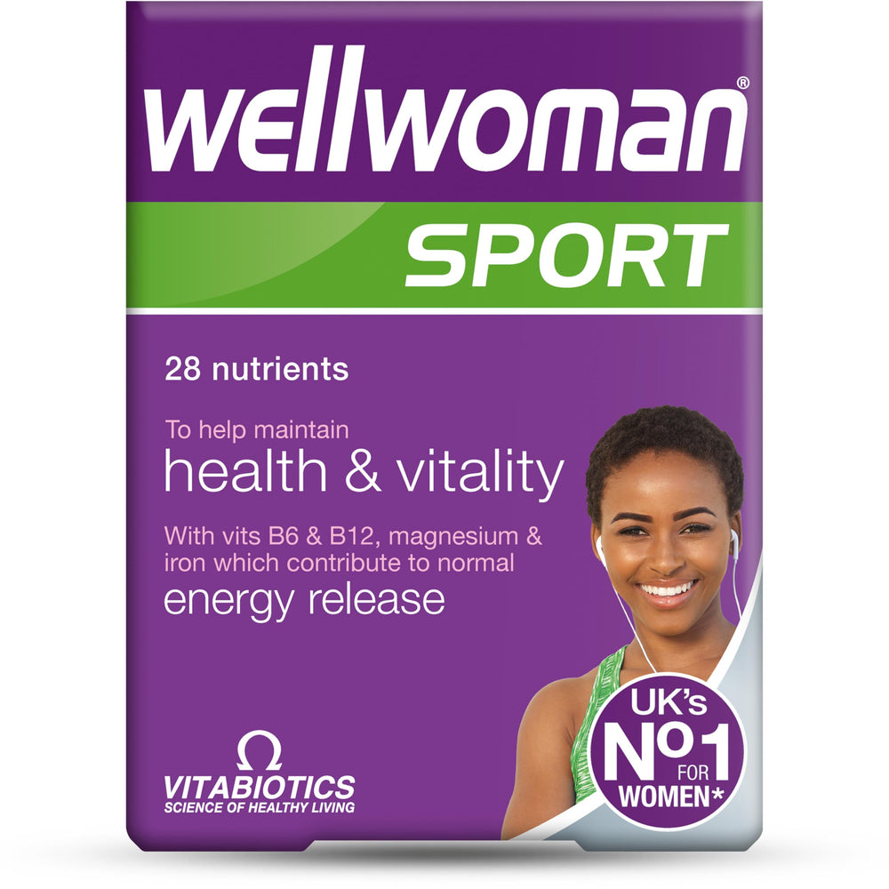 Vitabiotics Wellwoman Sport bottle shown for active daily energy support.