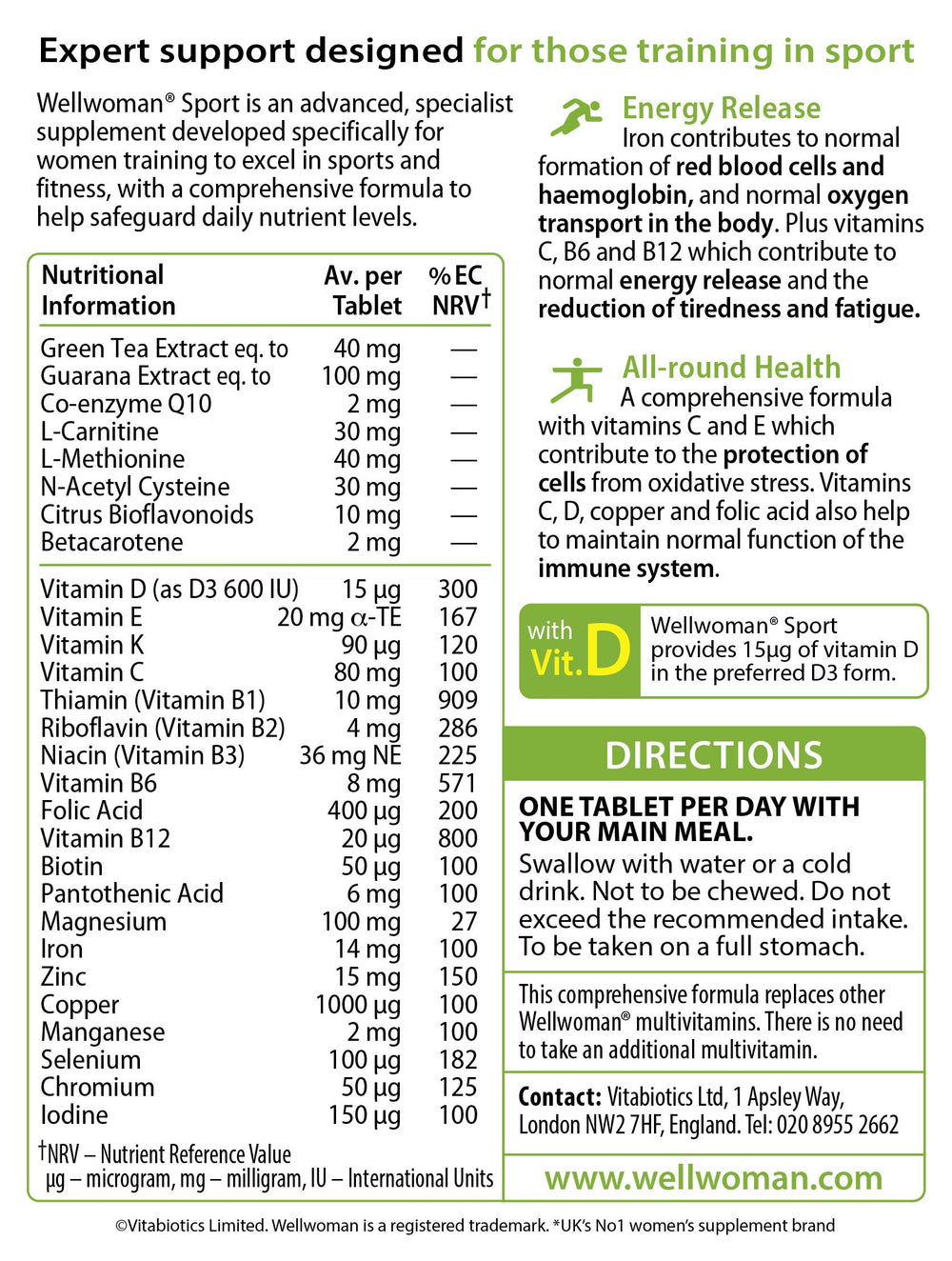 Vitabiotics Wellwoman Sport tablets closeup emphasizing compact daily tablets.