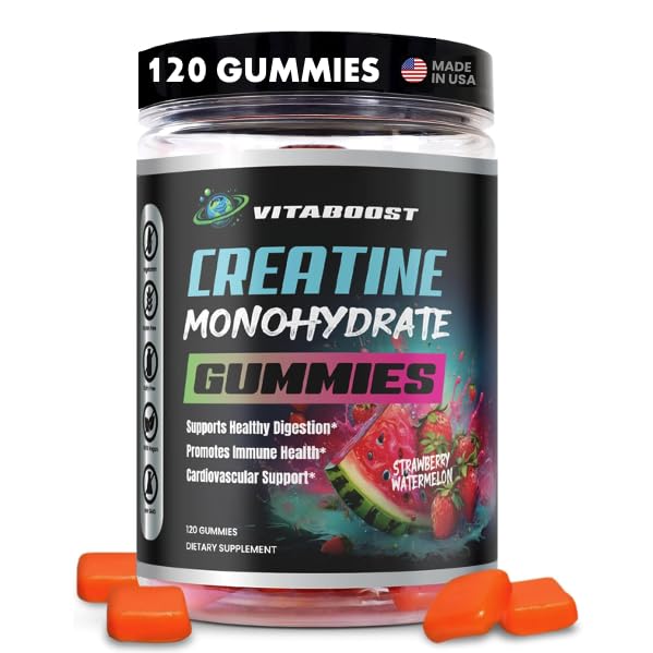 VitaBoost Creatine Gummies bottle display showing a 5g serving for strength support.