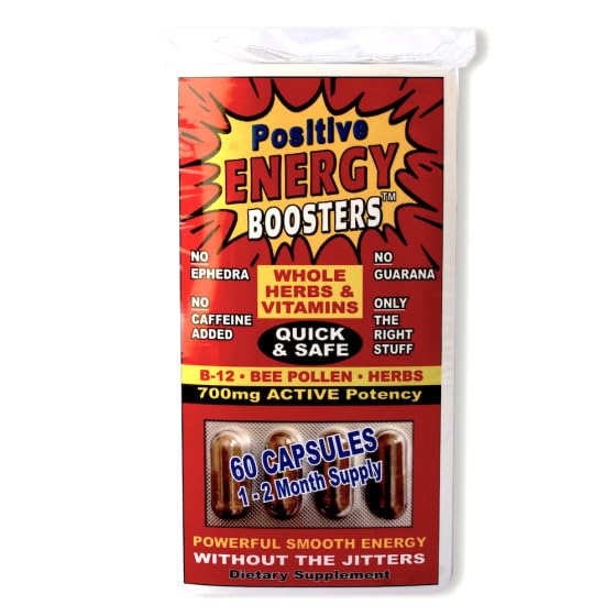 VitaBoost Positive Energy Boosters bottle close-up illustrating jitter-free, natural energy for busy days.
