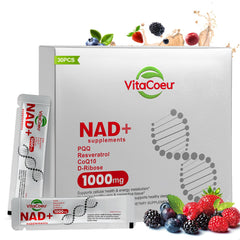 VitaCoeur NAD liquid bottle closeup highlighting easy daily energy support