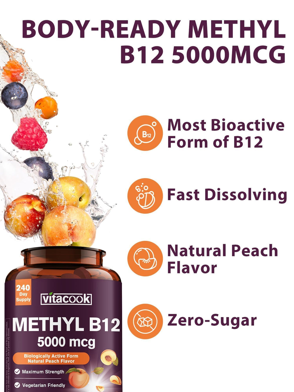 Vitacook B12 vegan sugar-free peach flavor supports daily vitality.