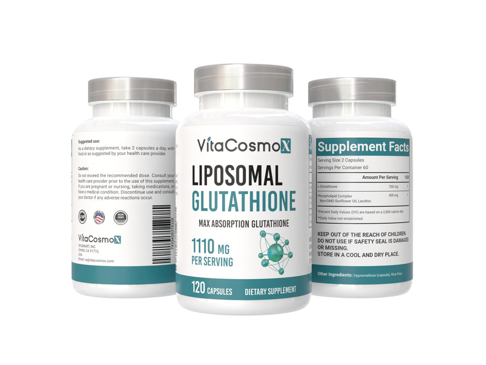 VitaCosmoX label detail shows vegan and gluten-free formulation.