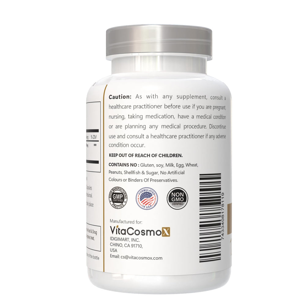 VitaCosmoX capsules on plain packaging emphasize clean ingredient lists for daily use