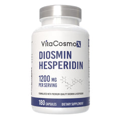 Front label of VitaCosmoX Diosmin Hesperidin bottle highlighting key features