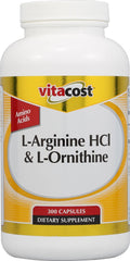 Vitacost L-Arginine HCl & L-Ornithine bottle showing 100 servings for strength support