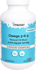 Vitacost Omega 3-6-9 bottle highlights a plant-based blend for heart and joint support.