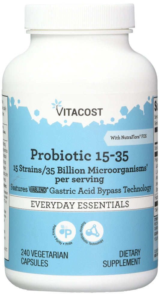 Vitacost Probiotic 15-35 Billion bottle with capsules supports daily digestion and immune balance.