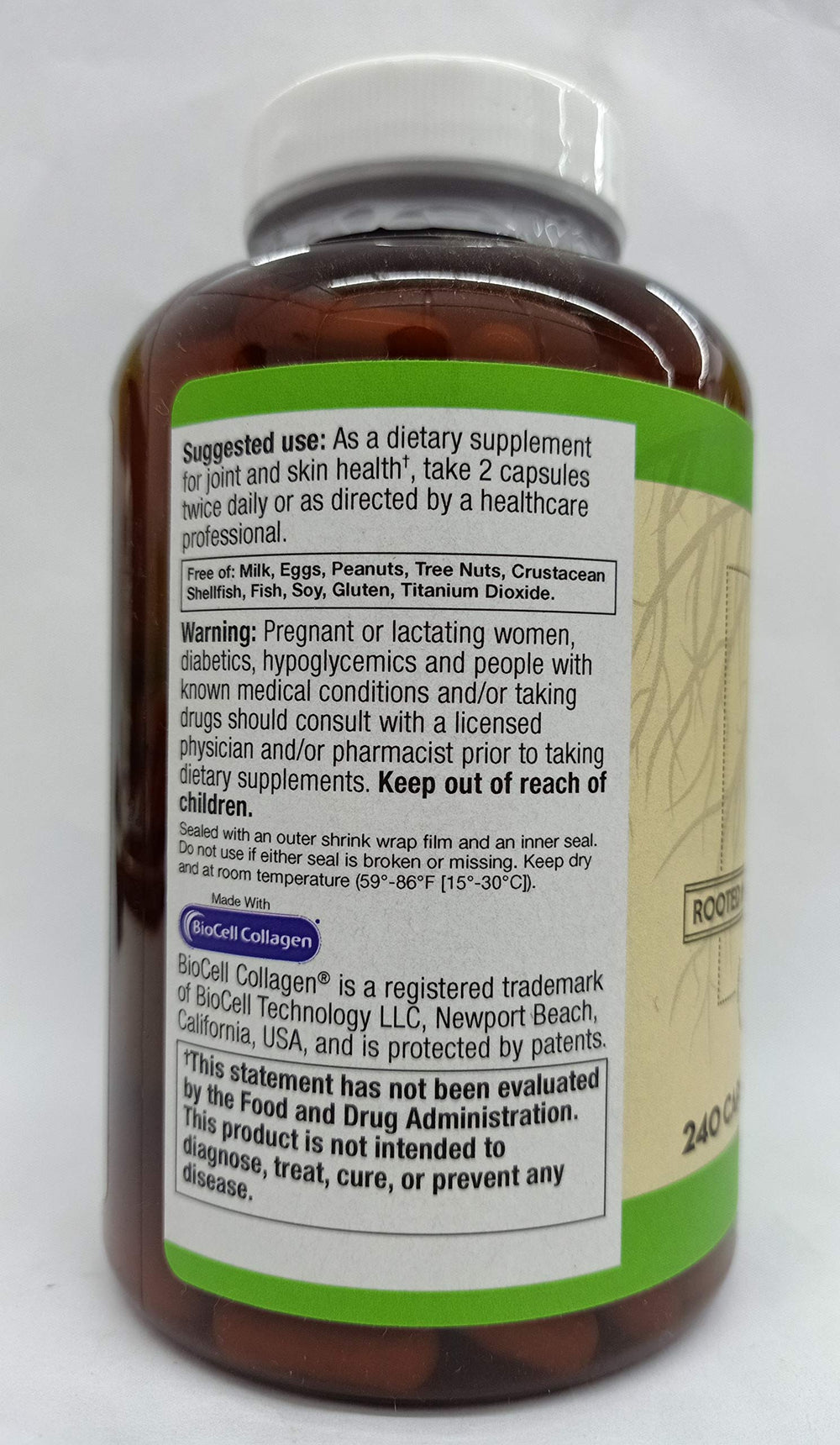 Vitacost ROOT2 BioCell Collagen bottle label showing ingredients and benefits.