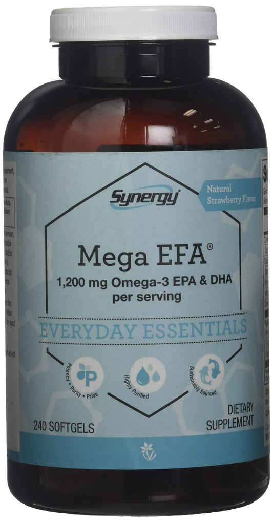 Vitacost Synergy Mega EFA Mini Gels bottle on shelf for daily omega-3 support.