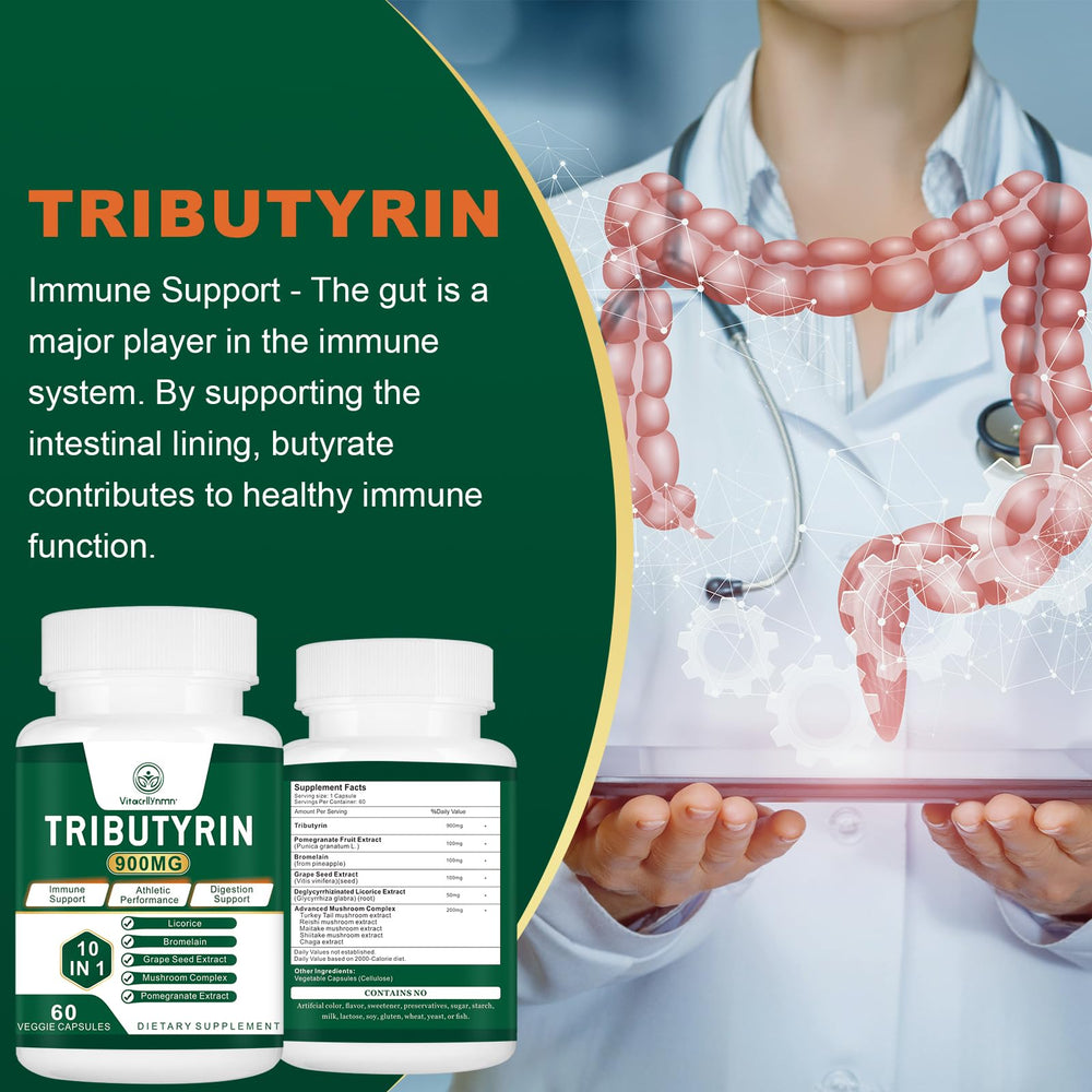 VITACRLLYNMN Tributyrin with pomegranate extract shows 11-in-1 formula.