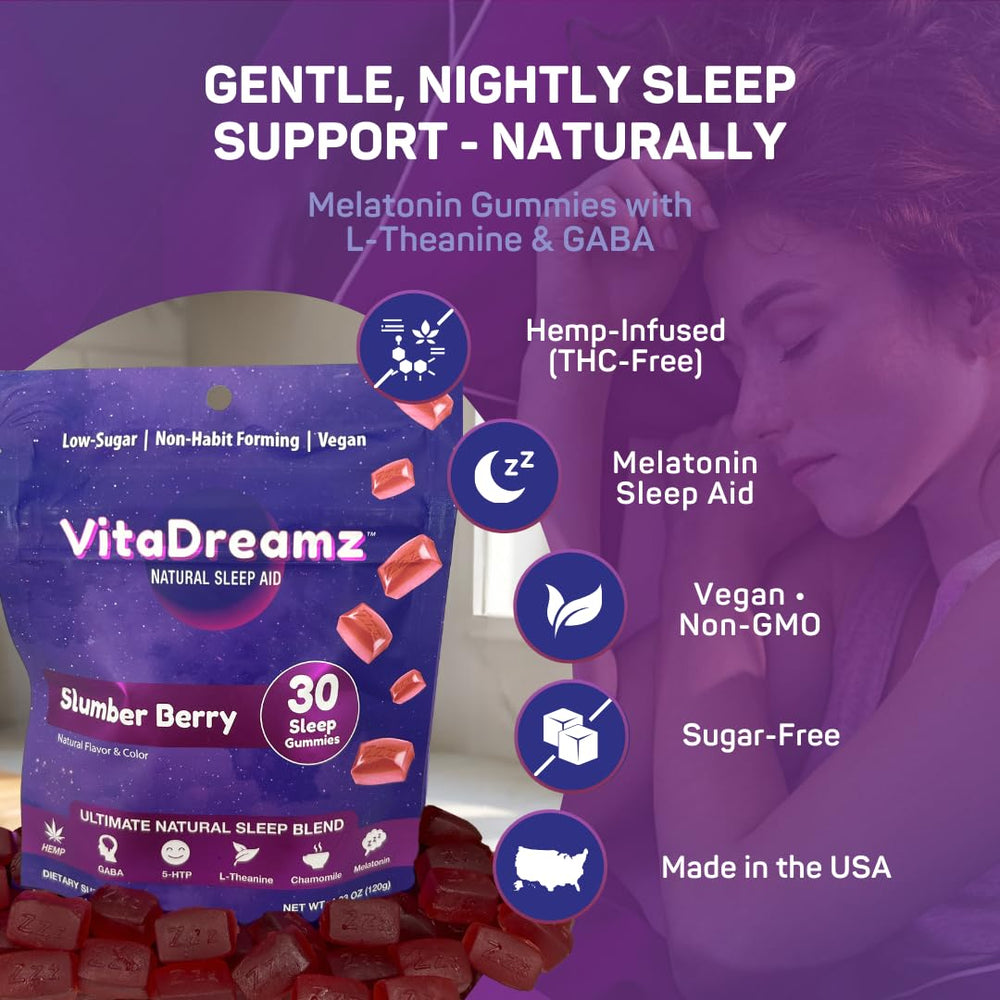 VitaDreamz Slumber Berry gummies close-up showing soft texture and fruity flavor for wind-down