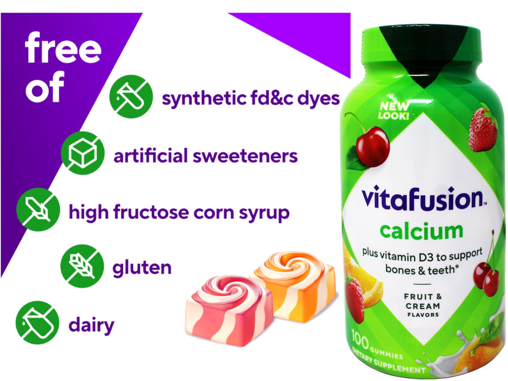Colorful Vitafusion calcium gummies with fruit flavors for daily calcium intake.
