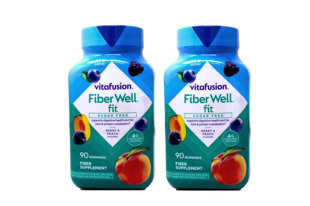 Vitafusion Fiber Well Fit bottle close-up highlights sugar-free gummies for daily fiber support.