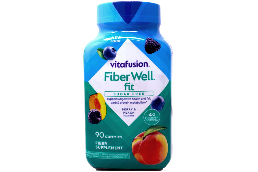 Vitafusion Fiber Well Fit gummies serving shown for convenient fiber supplementation.