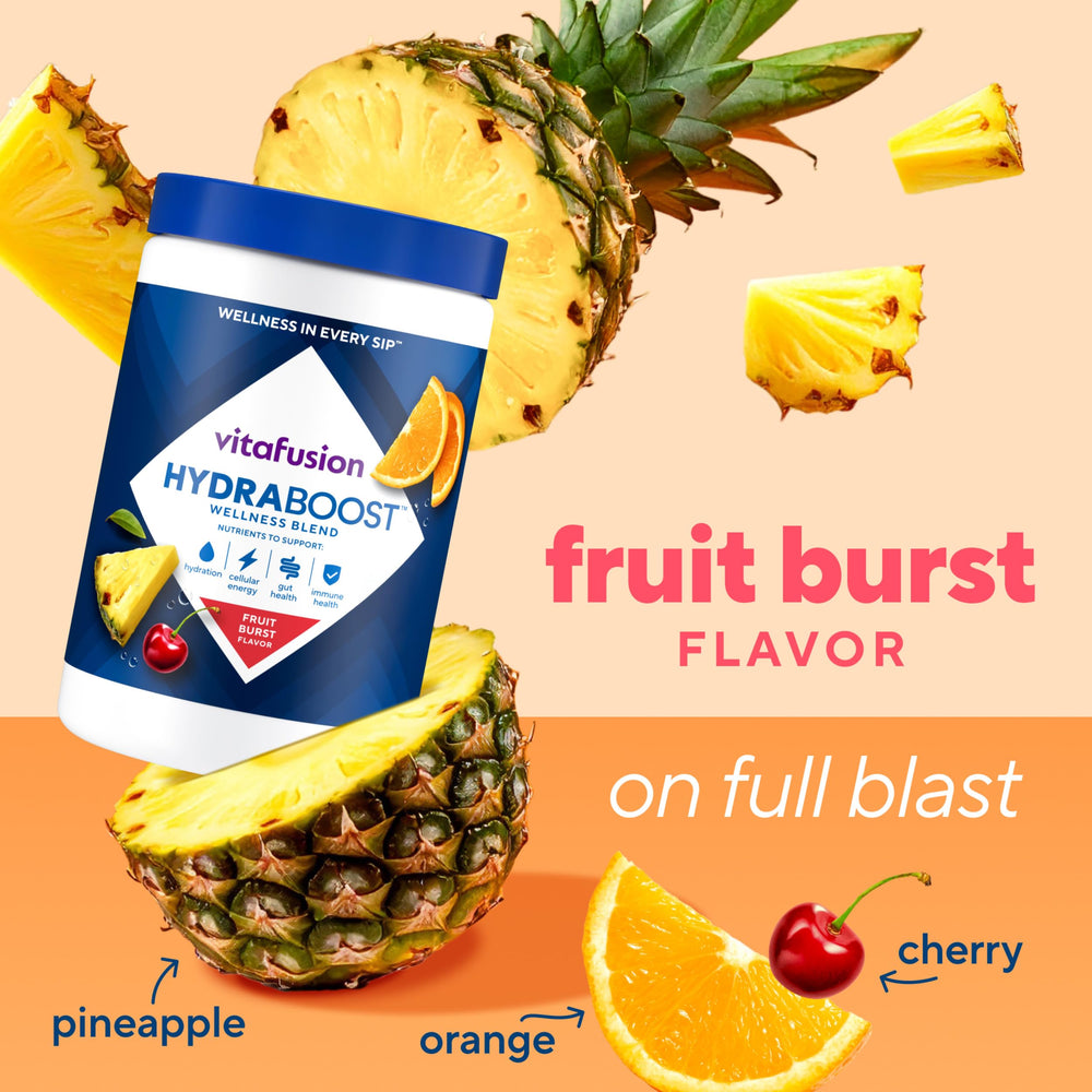 Vitafusion Hydraboost fruit burst flavors highlight orange, pineapple, and cherry.