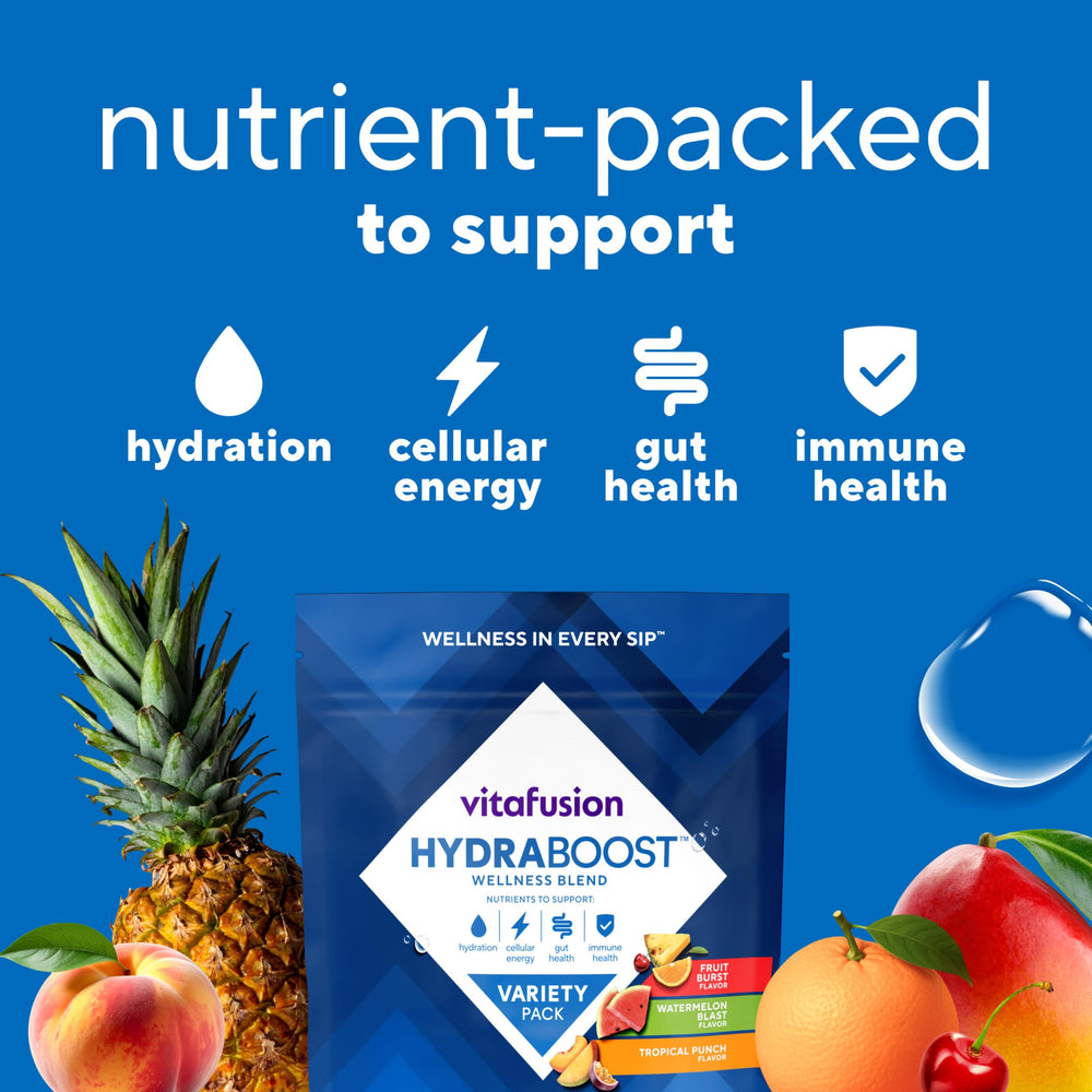 Vitafusion Hydraboost Tropical Punch packet adds flavor while supporting daily wellness.
