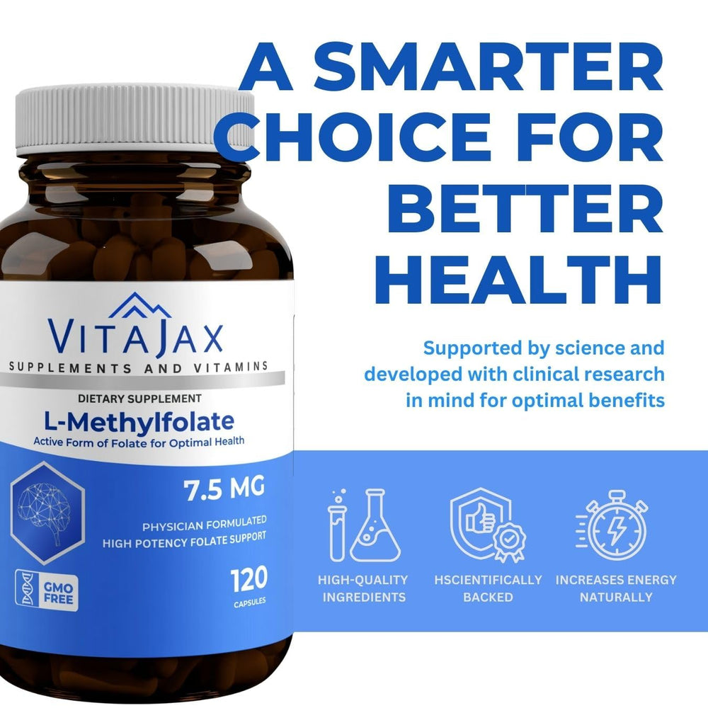 Gluten-free badge on VITAJAX L-Methylfolate label for a clean formulation.