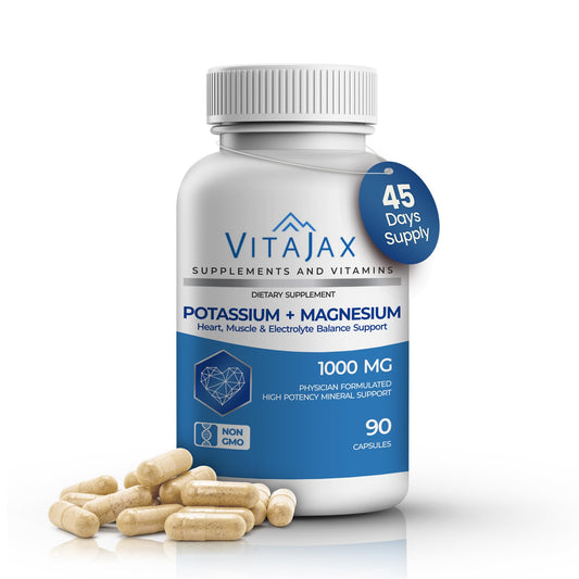 VITAJAX potassium magnesium capsules bottle shown for daily energy and muscle support.
