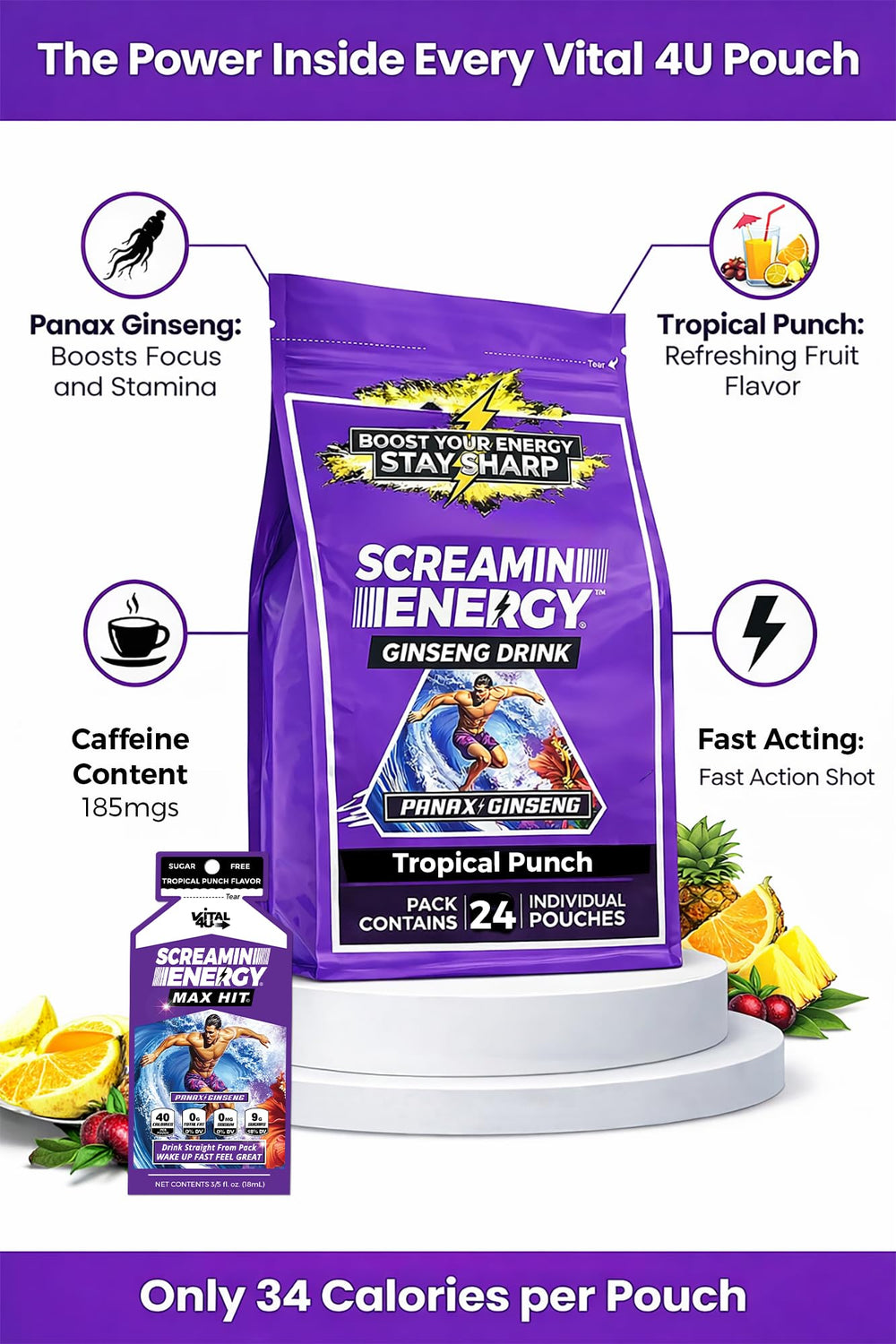 Vital 4U Screamin Energy Max Hit packaging with on-the-go use scenario for busy days.
