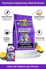 Vital 4U Screamin Energy Max Hit packaging with on-the-go use scenario for busy days.