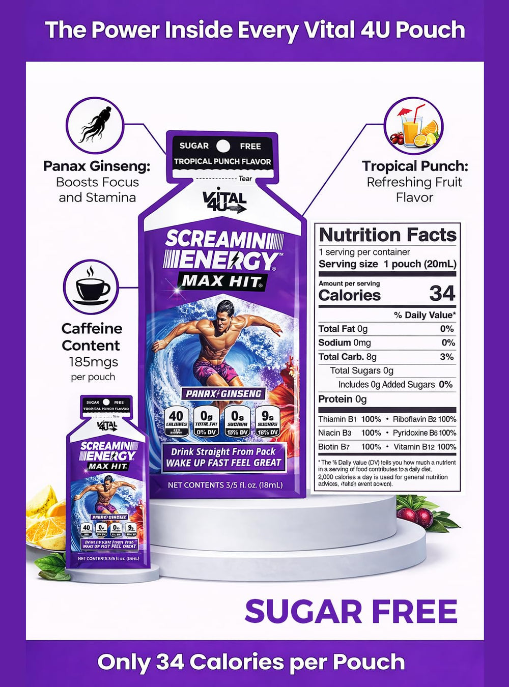 Vital 4U Screamin Energy Max Hit tropical punch bottle side shows compact 20ml format for quick boosts.