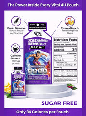 Vital 4U Screamin Energy Max Hit tropical punch bottle side shows compact 20ml format for quick boosts.