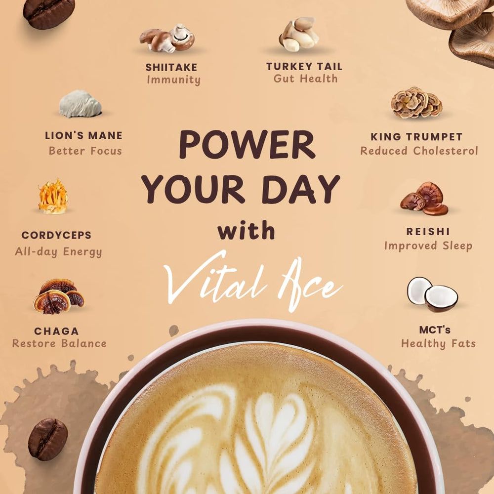 Close-up of Cordyceps and Lion's Mane in Vital Ace blend for balanced energy