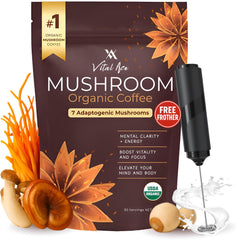 Vital Ace Mushroom Coffee packaging shows organic blend and value for daily use