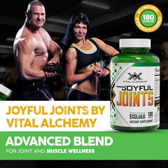 Vital Alchemy Joyful Joints capsules closeup illustrating convenient daily use.
