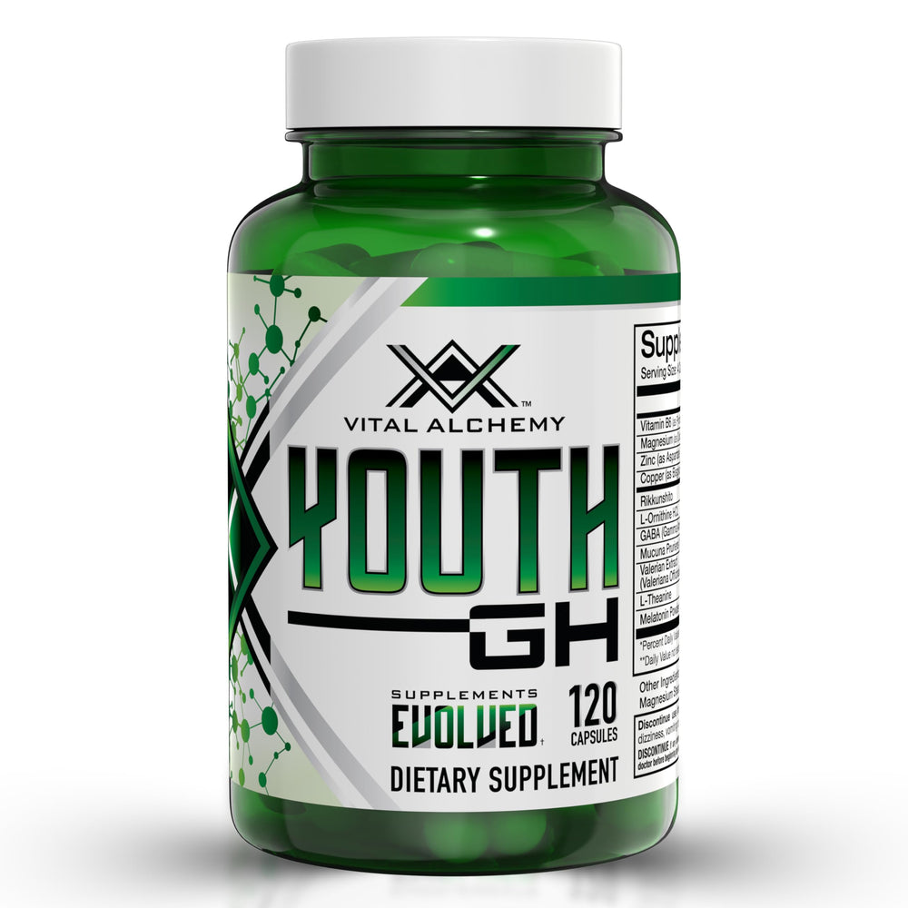 Vital Alchemy Youth bottle front promotes daily wellness with premium supplement packaging.