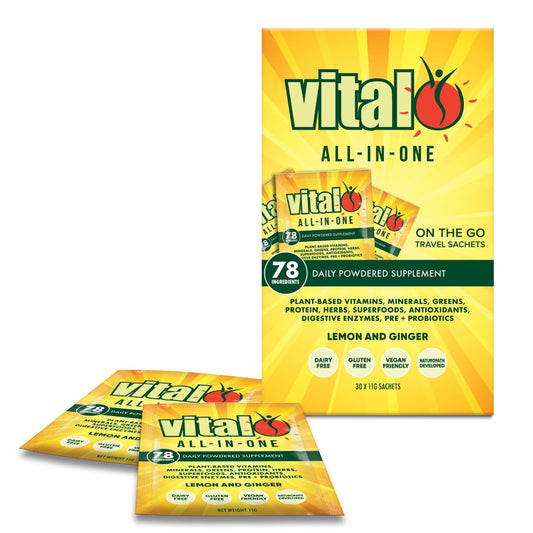 Vital All-In-One daily health supplement bottle for convenient on-the-go energy support.
